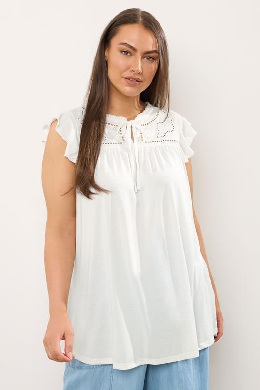 evans EVANS Curve White Cutwork Tie Neck Blouse