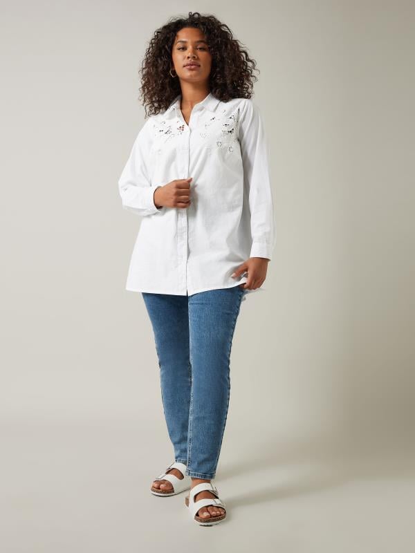 Evans EVANS Curve White Embroidered Floral Shirt