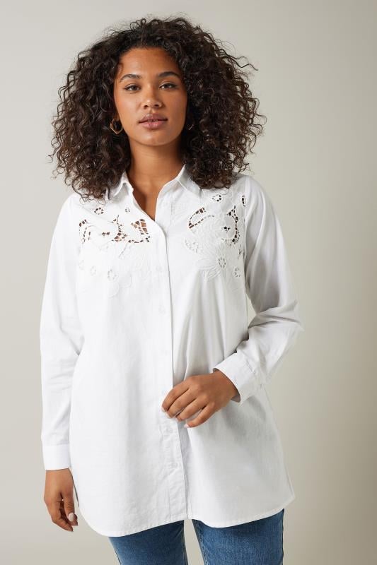 evans EVANS Curve White Embroidered Floral Shirt