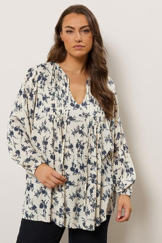 Evans EVANS Curve White Floral Tie Neck Blouse