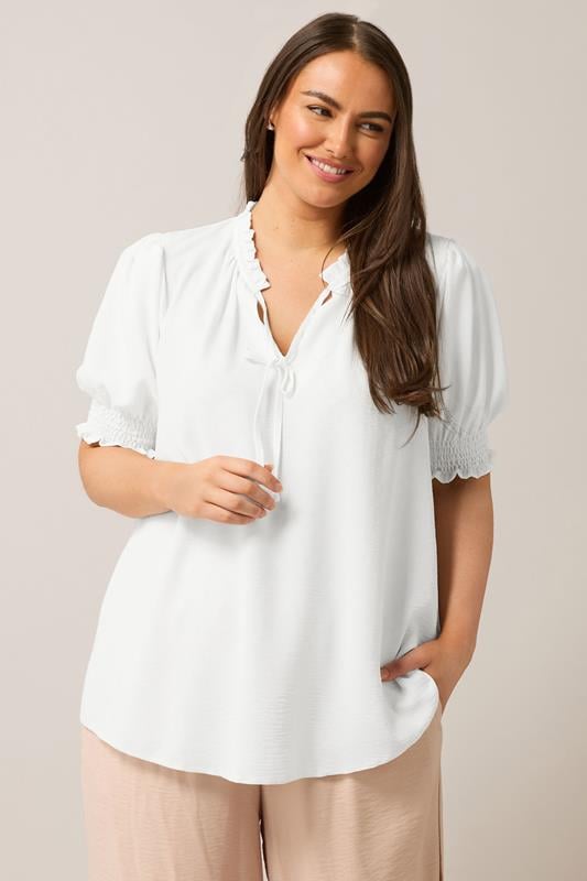 evans EVANS Curve White Frilled Tie Neck Blouse