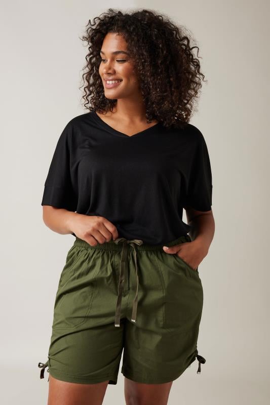evans Evans Khaki Green Ruched Poplin Shorts