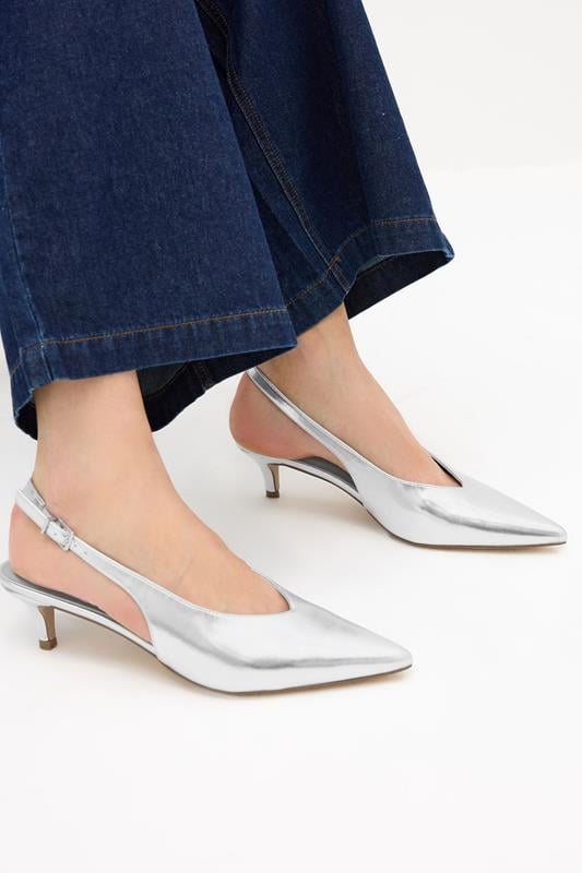 evans LTS Silver Pointed Slingback Kitten Heel