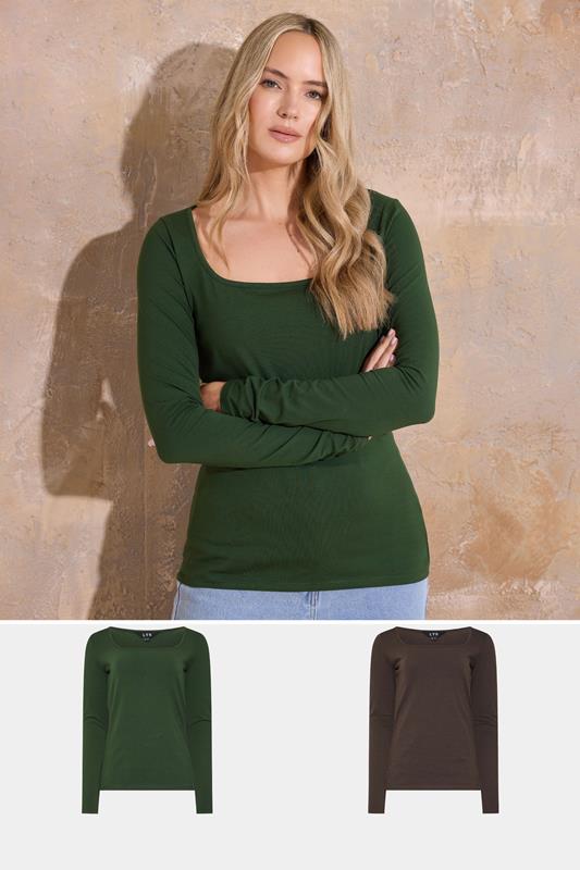 evans LTS Tall 2 PACK Brown & Green Square Neck Tops