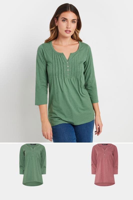 evans LTS Tall 2 PACK Green & Blush Pink Henley Tops