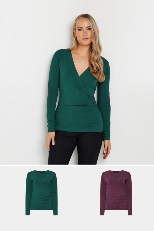 evans LTS Tall 2 PACK Green & Burgundy Red Wrap Tops