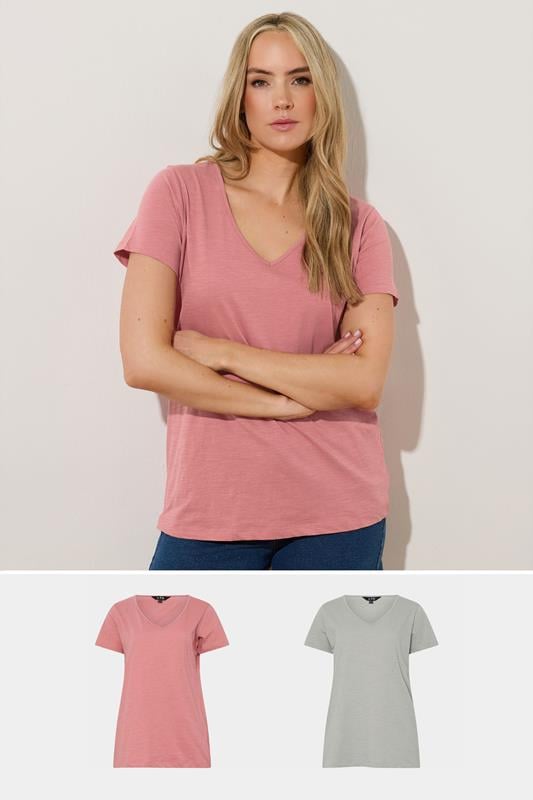 evans LTS Tall 2 Pack Pink & Grey V-Neck T-Shirts