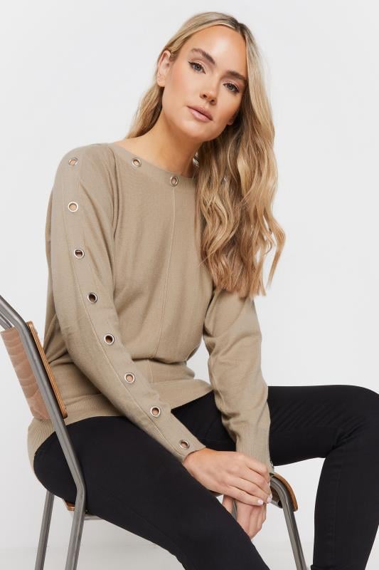 evans LTS Tall Beige Brown Eyelet Sleeve Jumper
