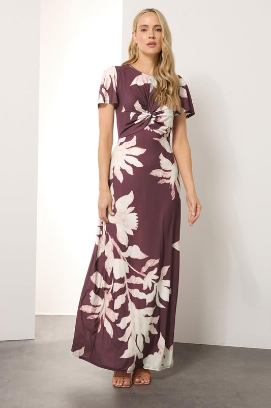 Evans LTS Tall Berry Red Floral Ruched Maxi Dress