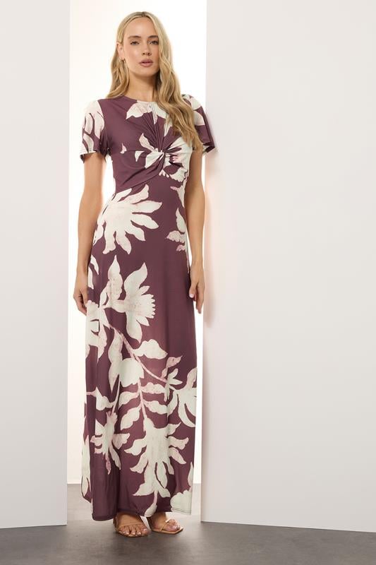 Evans LTS Tall Berry Red Floral Ruched Maxi Dress