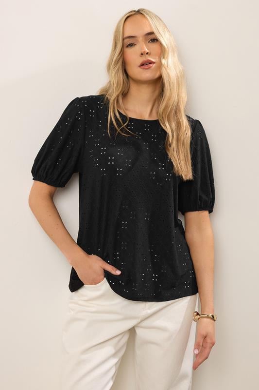 evans LTS Tall Black Broderie Puff Sleeve Top