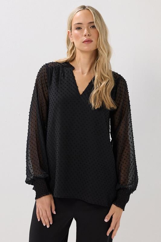 evans LTS Tall Black Dobby Spot Shirred Cuff Top