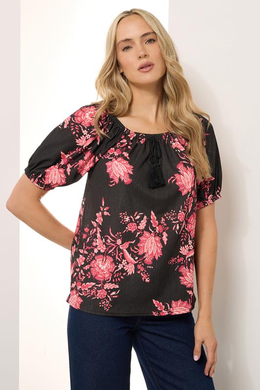 Evans LTS Tall Black Floral Print Tie Front Top