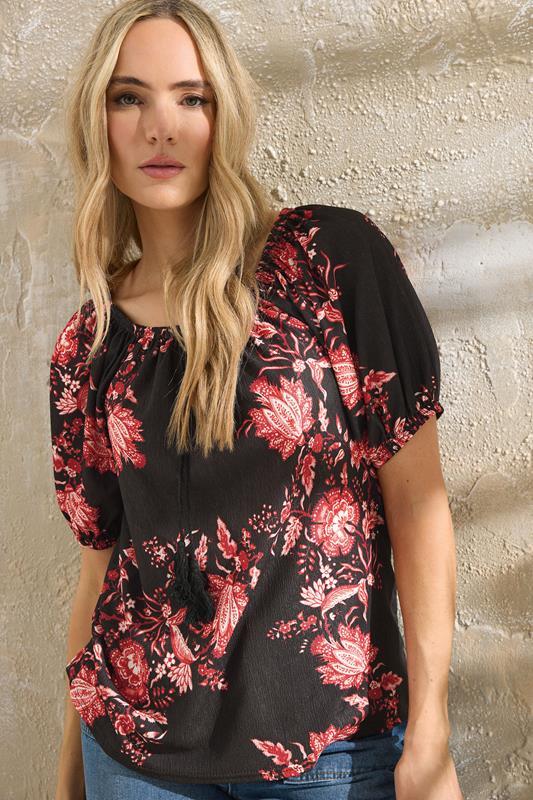 evans LTS Tall Black Floral Print Tie Front Top