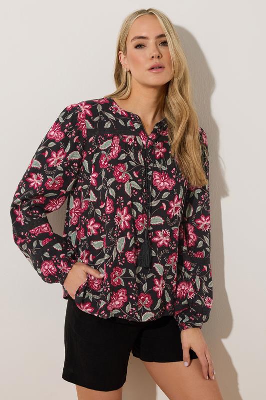 Evans LTS Tall Black Floral Tassel Tie Blouse