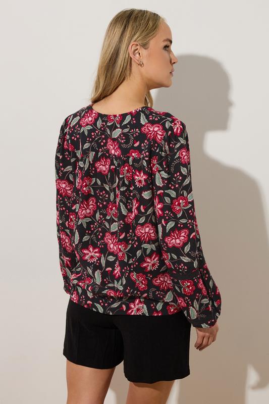 Evans LTS Tall Black Floral Tassel Tie Blouse