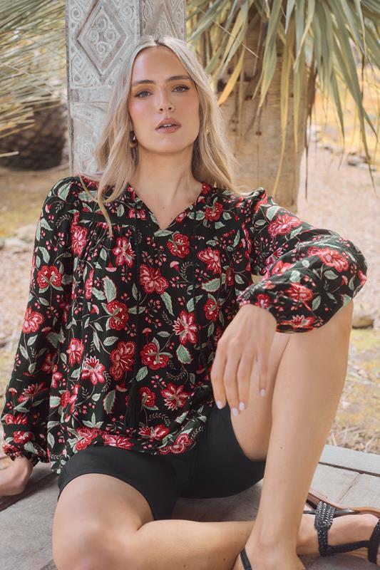 evans LTS Tall Black Floral Tassel Tie Blouse