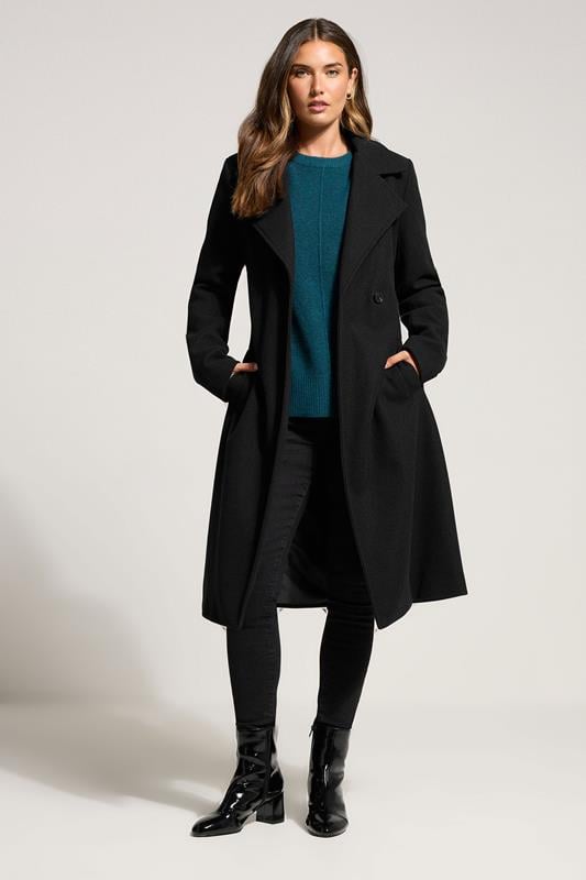 evans LTS Tall Black Formal Wrap Belted Midi Coat