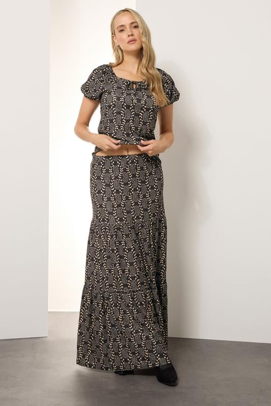 Evans LTS Tall Black Geometric Tiered Maxi Skirt