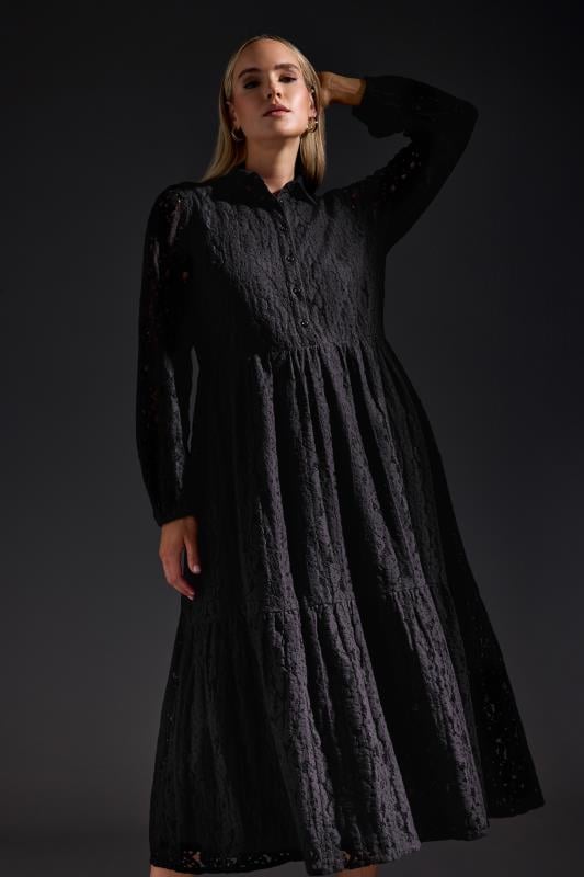 Evans LTS Tall Black Lace Tiered Midi Dress