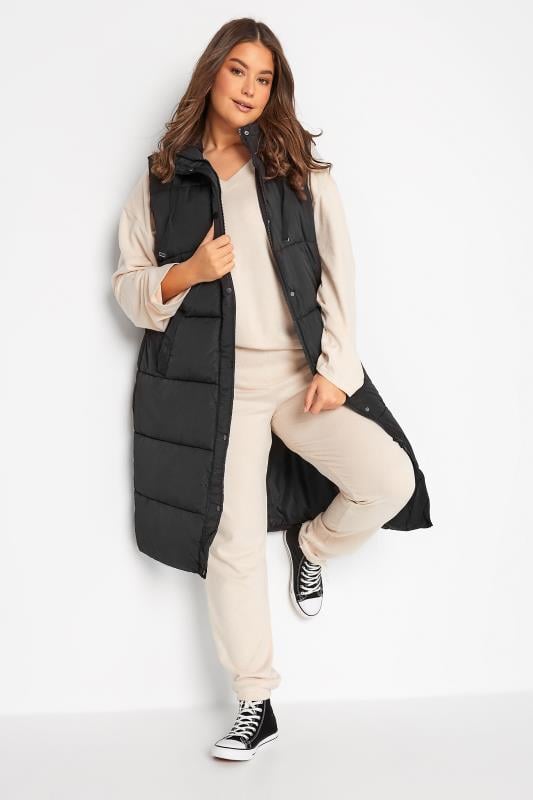 evans LTS Tall Black Longline Hooded Puffer Gilet