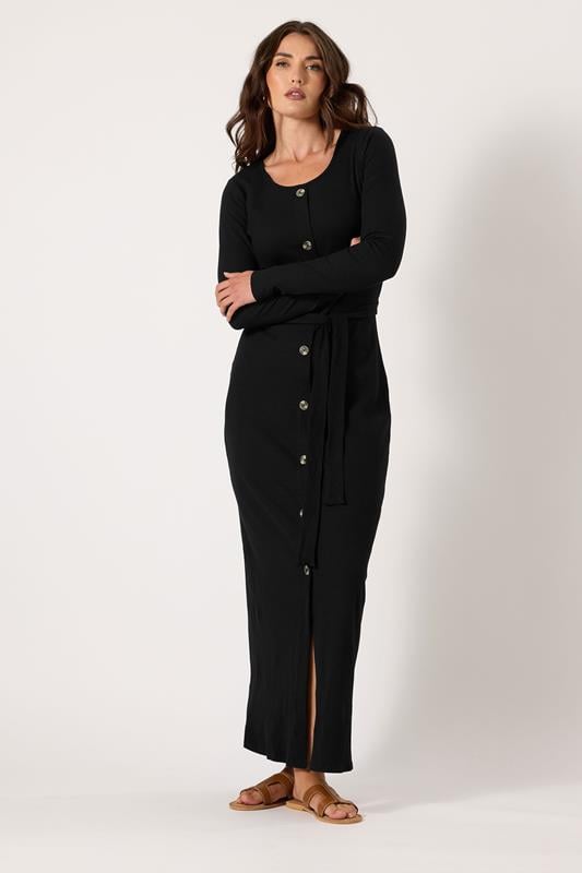 evans LTS Tall Black Ribbed Button Maxi Dress