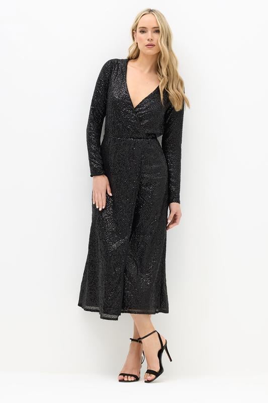 Evans LTS Tall Black Sequin Wrap Midaxi Dress