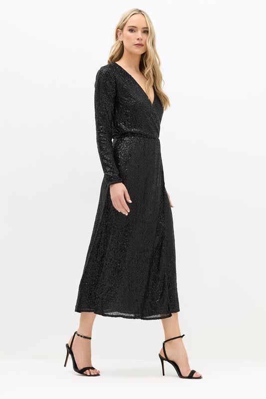 evans LTS Tall Black Sequin Wrap Midaxi Dress