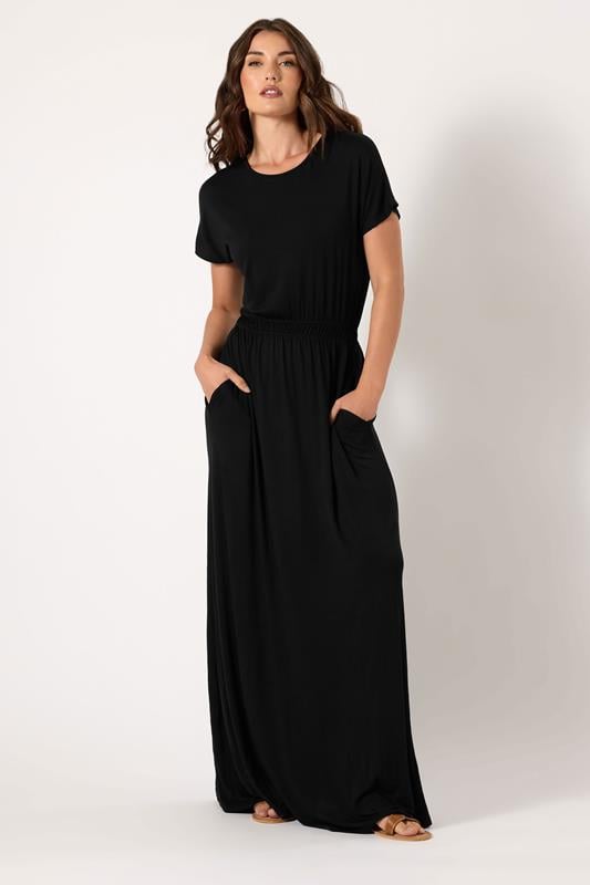 evans LTS Tall Black Shirred Waist Maxi Dress