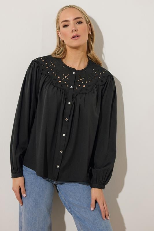 Evans LTS Tall Black Woven Broderie Bib Blouse
