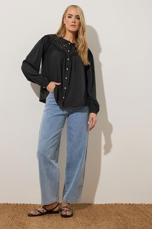Evans LTS Tall Black Woven Broderie Bib Blouse
