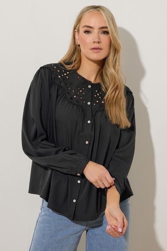 evans LTS Tall Black Woven Broderie Bib Blouse