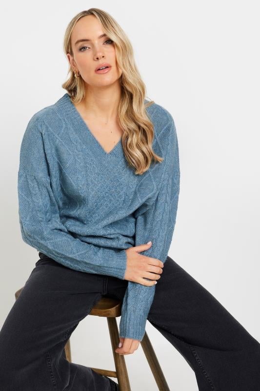 evans LTS Tall Blue Cable Knit V-Neck Jumper