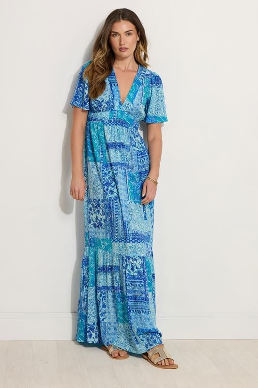 Evans LTS Tall Blue Crinkle Tile Print Maxi Dress