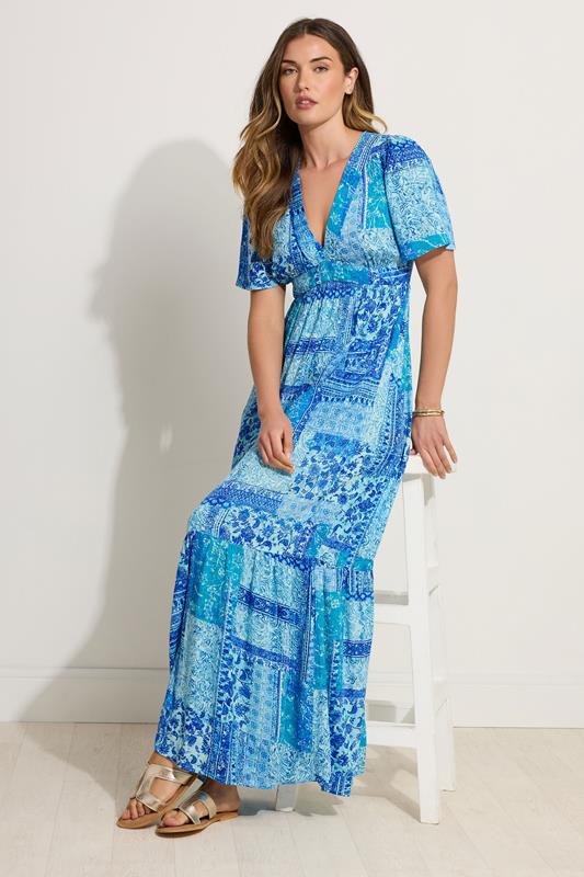 evans LTS Tall Blue Crinkle Tile Print Maxi Dress