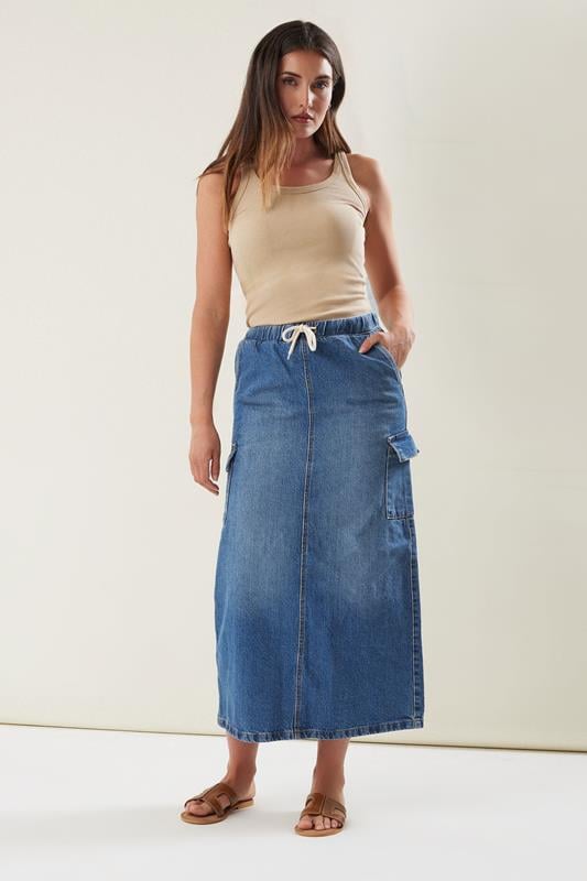 Evans LTS Tall Blue Denim Tie Waist Maxi Skirt