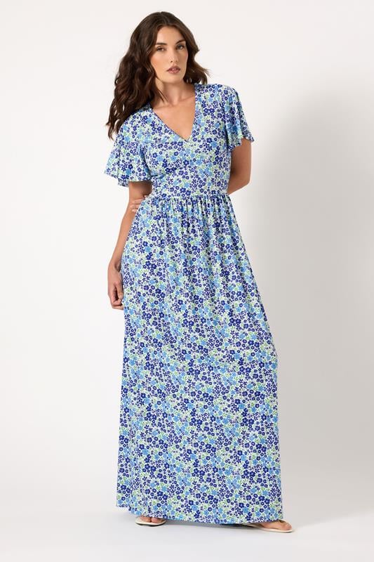 evans LTS Tall Blue Ditsy Angel Sleeve Maxi Dress