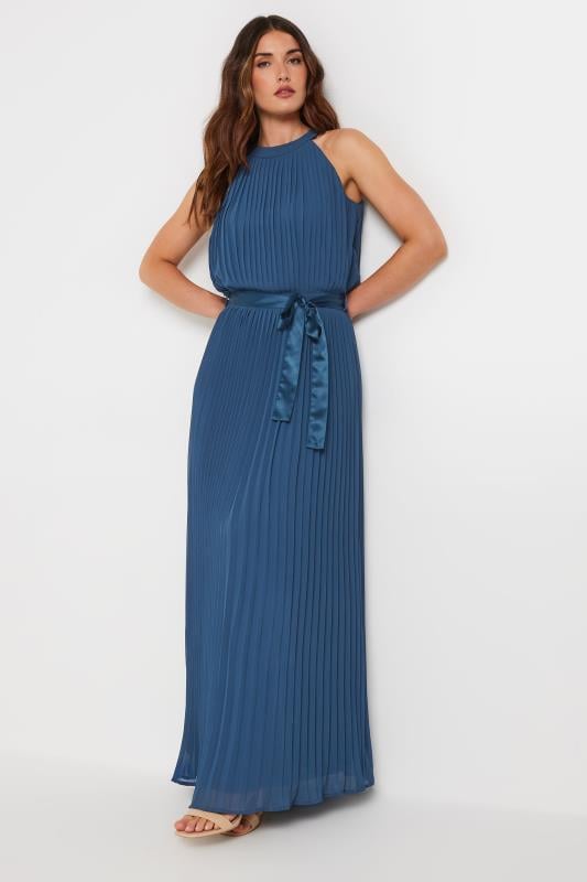 Evans LTS Tall Blue Halterneck Pleated Maxi Dress