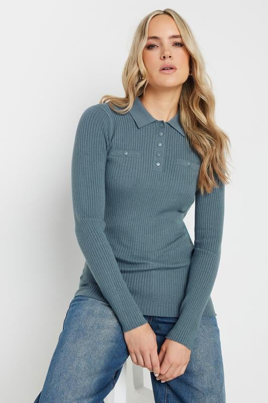 Evans LTS Tall Blue Marl Knitted Polo Top