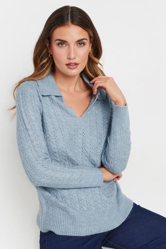 evans LTS Tall Blue Open Collar Cable Knit Jumper