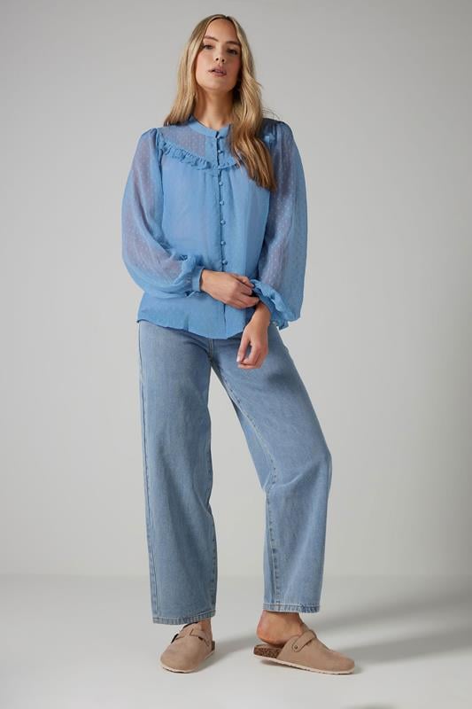 Evans LTS Tall Blue Sheer Dobby Frill Blouse