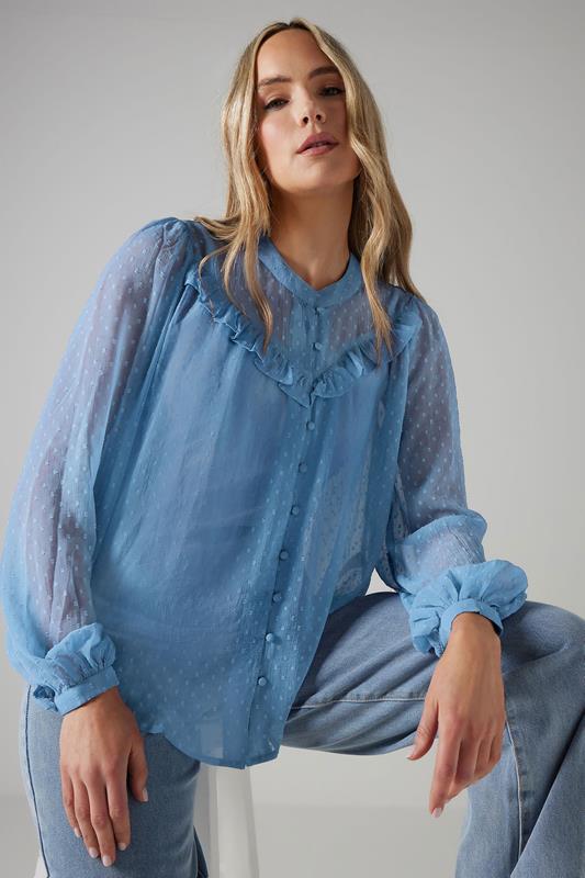 Evans LTS Tall Blue Sheer Dobby Frill Blouse