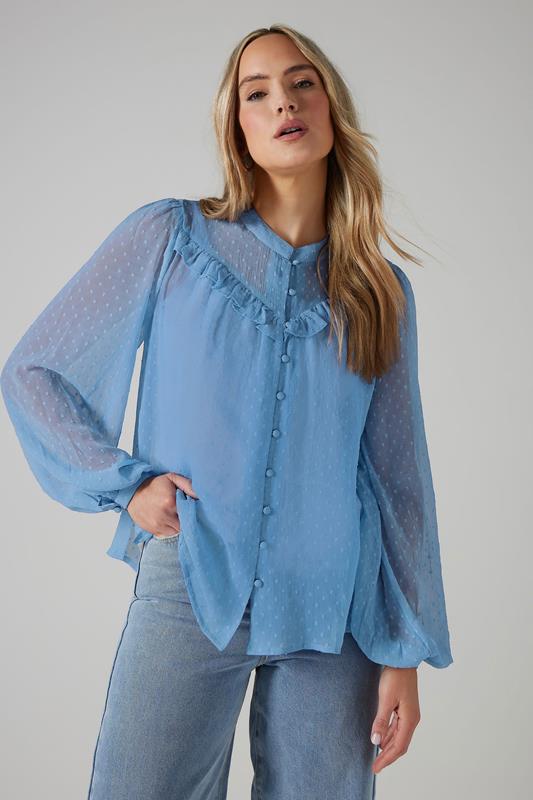 evans LTS Tall Blue Sheer Dobby Frill Blouse