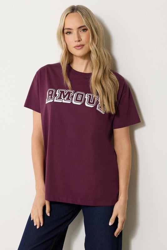 evans LTS Tall Burgundy Red 'Amour' Slogan T-Shirt