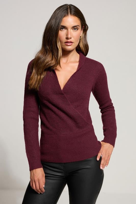 evans LTS Tall Burgundy Red Knitted Wrap Jumper