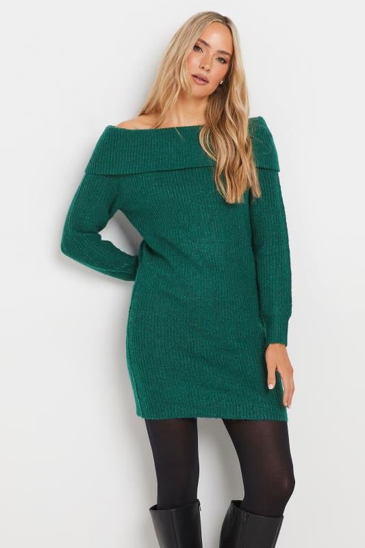 evans LTS Tall Dark Green Bardot Mini Jumper Dress