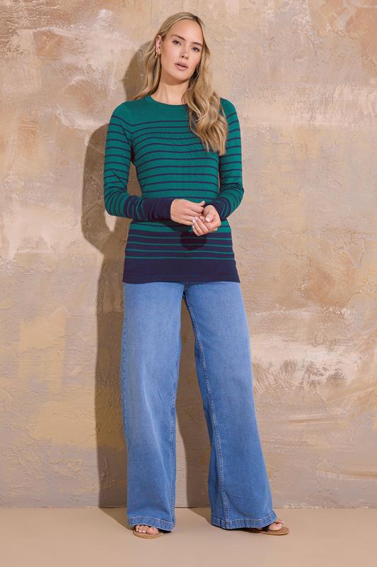 Evans LTS Tall Dark Green Fine Knit Striped Jumper