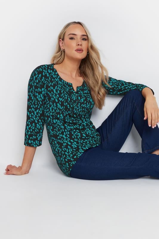 evans LTS Tall Green Abstract Cotton Henley Top