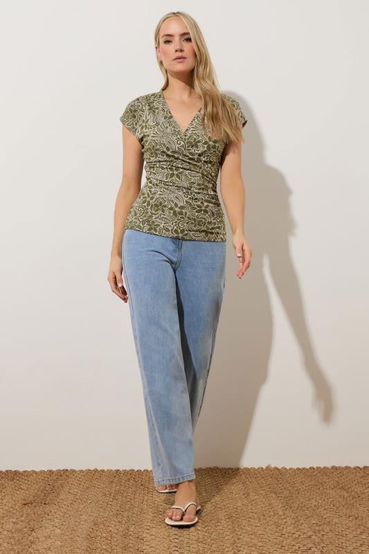 Evans LTS Tall Green Floral Grown Sleeve Wrap Top