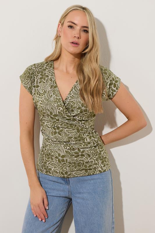 evans LTS Tall Green Floral Grown Sleeve Wrap Top